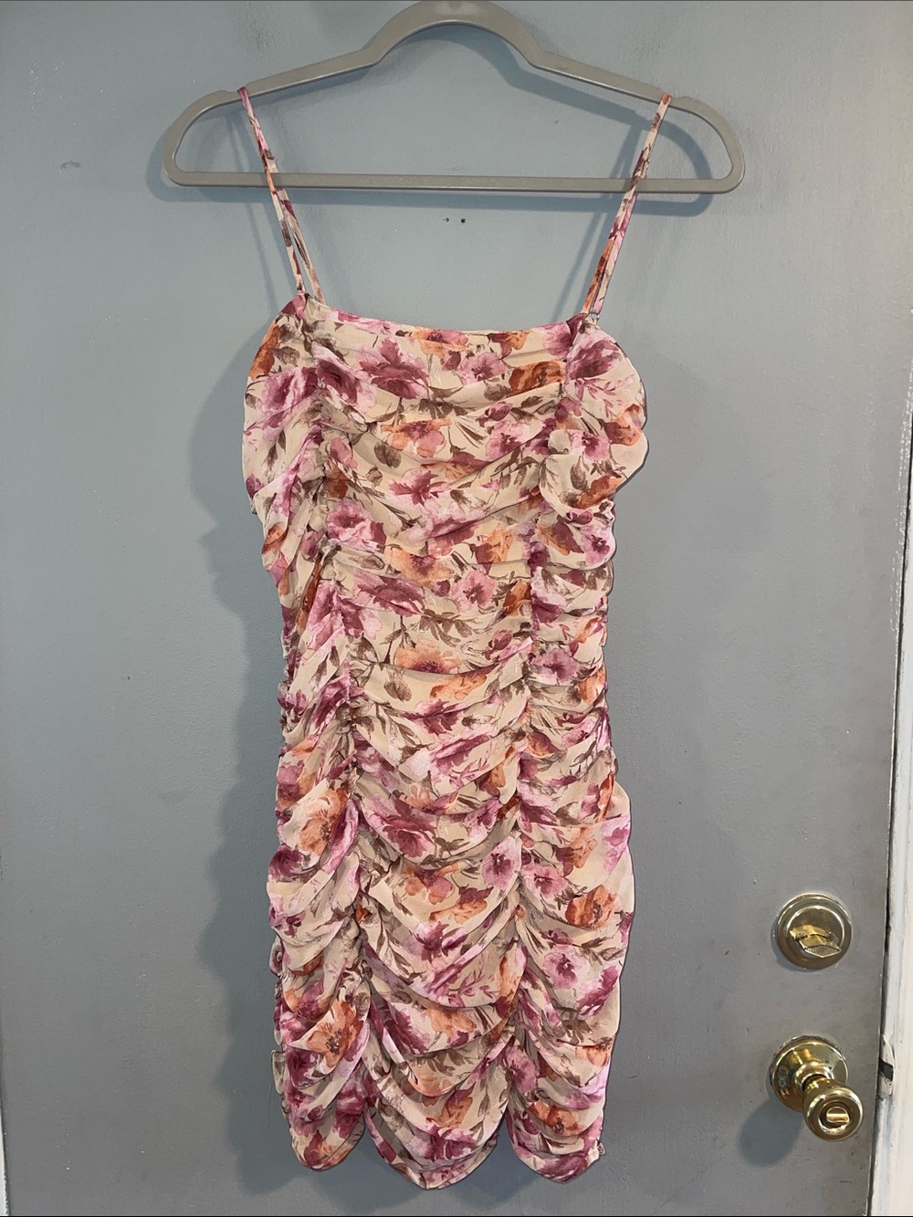 Sky To Moon Ruched Floral Spaghetti-Strap Mini Dress Size S